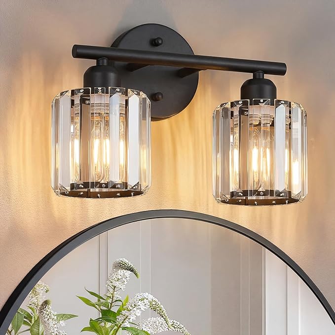 Modern 2 Light Crystal Vanity Light, Black Vertical Bathroom Light Fixture Over Mirror for Dressing Table Sink, Compatible with Dimmable Bulbs (Bulbs Not Included)