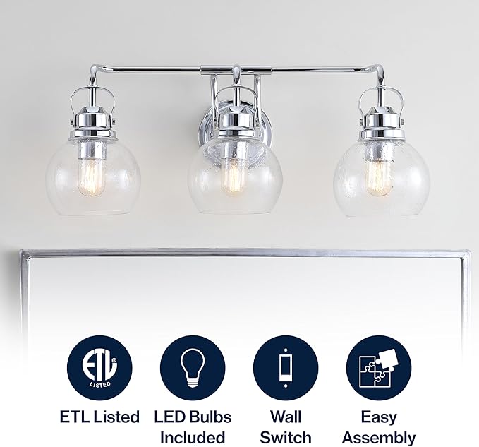 JONATHAN Y 24" Chrome Shirley 3-Light Bathroom Vanity Light, Metal Wall Sconce, Clear Seeded Glass Shade, Modern Transitional Farmhouse Fixture, LED Bulbs Included (JYL7405A)