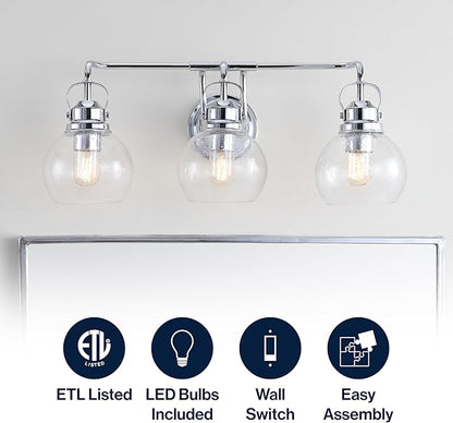 JONATHAN Y 24" Chrome Shirley 3-Light Bathroom Vanity Light, Metal Wall Sconce, Clear Seeded Glass Shade, Modern Transitional Farmhouse Fixture, LED Bulbs Included (JYL7405A)