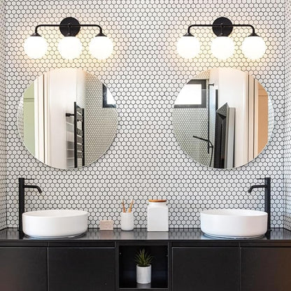 Black Bathroom 3-Lights Vanity Light Fixtures, Minimalist Vanity Lights with Milky White Glass Shade, Modern Wall Sconces over Mirror, Wall Lamp for Bathroom Dressing Table Bedroom Living Room
