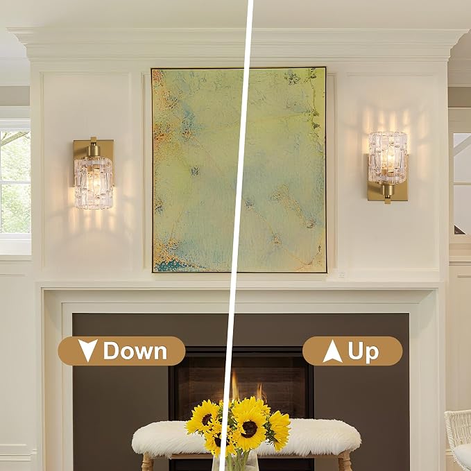 1 Light Brushed Gold Bathroom Vanity Light Over Mirror, Modern Vanity Lighting with Crystal Glass Shade, Wall Mount Bathroom Light Fixtures, E26 Base