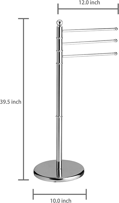 MyGift 40 Inch Silver Metal Towel Rack, Freestanding 3 Swivel Arms | Three bars create separate hanging space for bath linens, hand towels, and washcloths while improving airflow for drying
