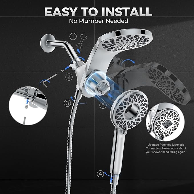 High Pressure Rain Shower Head with Handheld Spray Combo | Detachable Dual Shower Head with 10 Sprays Modes - Upgrade Knob Spray Mode Selector and Magnetic Guidance Docking System