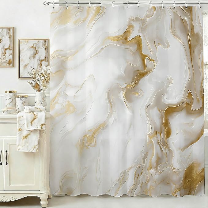 Mocsicka Shower Curtains for Bathroom, Gold Marble Shower Curtain for Bathroom, Abstract Gold and White Shower Curtain Modern Art Decor Waterproof Bath Curtain for Modern Bath Decor, 72 X 72 Inch