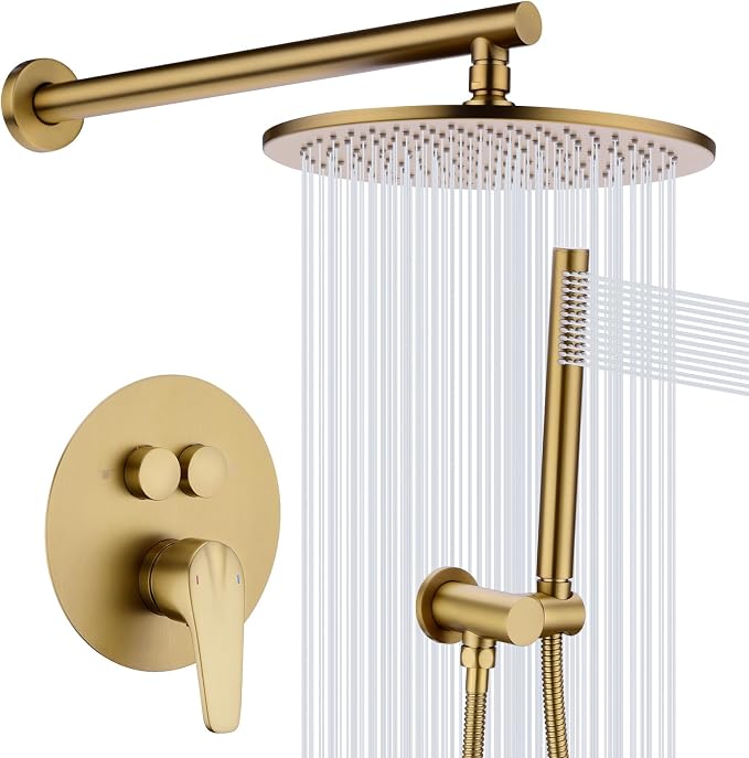 TRUSTMI 10" Push Button Rain Shower, Pressure Balanced Valve, Brushed Gold | Solid brass wall mount kit with handheld sprayer. cUPC anti-scald valve protects the whole family.