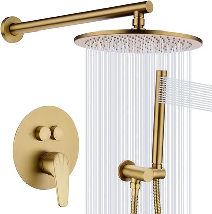 TRUSTMI 10" Push Button Rain Shower, Pressure Balanced Valve, Brushed Gold | Solid brass wall mount kit with handheld sprayer. cUPC anti-scald valve protects the whole family.