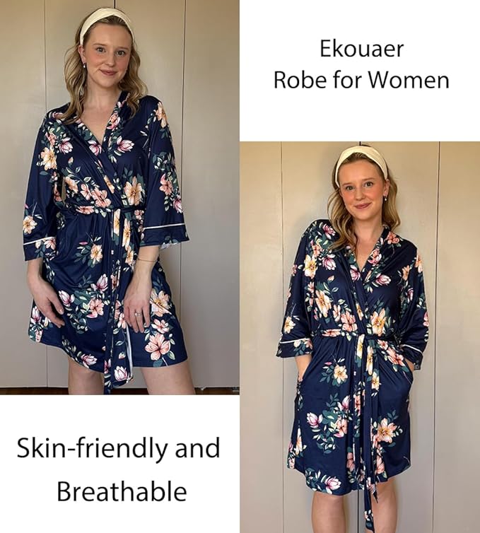 Ekouaer Women Kimono Robes Knee Length Knit Bathrobe Lightweight Soft Sleepwear V-neck Casual Ladies Loungewear