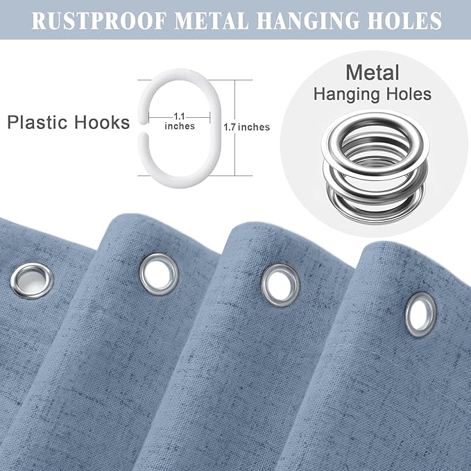 Linen Shower Curtain Flax Blue Grey, Fabric Boho Farmhouse Shower Curtains for Bathroom Cotton Natural Cloth Liner Set 72" W x 72" L