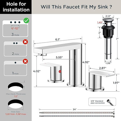 FORIOUS Chrome Bathroom Faucets 3 Hole, 8 Inch Widespread Bathroom Sink Faucet with Pop-up Drain and Cupc Supply Lines, 2-Handle for Vanity, Hotel