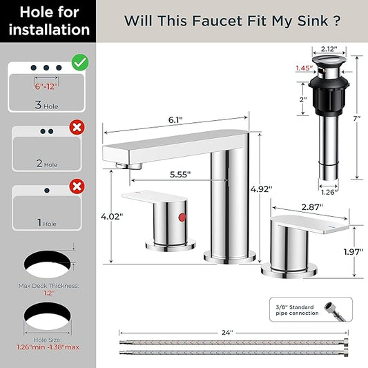 FORIOUS Chrome Bathroom Faucets 3 Hole, 8 Inch Widespread Bathroom Sink Faucet with Pop-up Drain and Cupc Supply Lines, 2-Handle for Vanity, Hotel