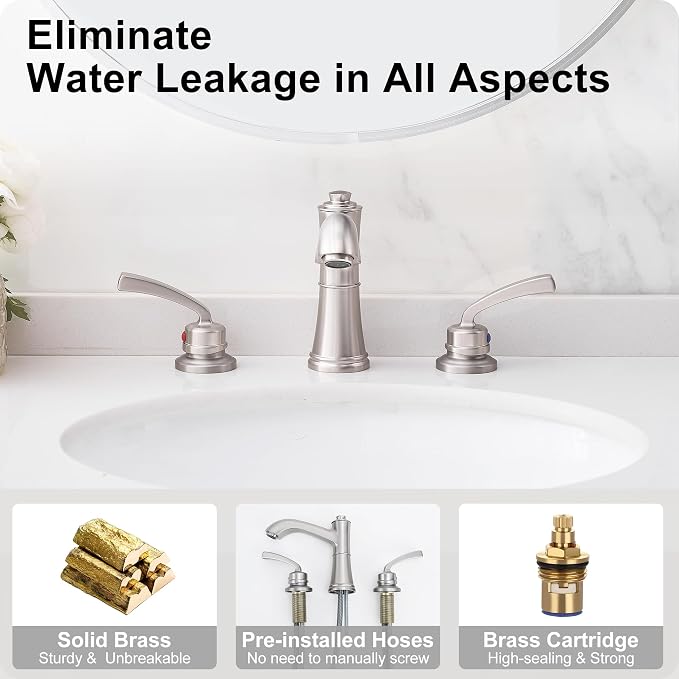 Solid Brass Brushed Nickel Bathroom Faucet 3 Hole, 2 Handle | 8 Inch Widespread, 10 Mins Install, NSF/ANSI/CAN 372, cUPC, DOE, Pre-Installed Water Hose, with Pop up Drain, for Vanity