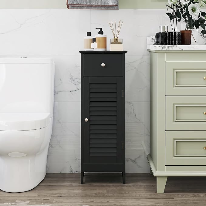 GIANTEX Bathroom Floor Storage Cabinet with Door and Drawer, Black | Freestanding Side Cabinet with 3-Height Adjustable Shelf, Slim Cupboard, Storage Organizer Cabinet for Bedroom Living Room