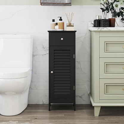 GIANTEX Bathroom Floor Storage Cabinet with Door and Drawer, Black | Freestanding Side Cabinet with 3-Height Adjustable Shelf, Slim Cupboard, Storage Organizer Cabinet for Bedroom Living Room
