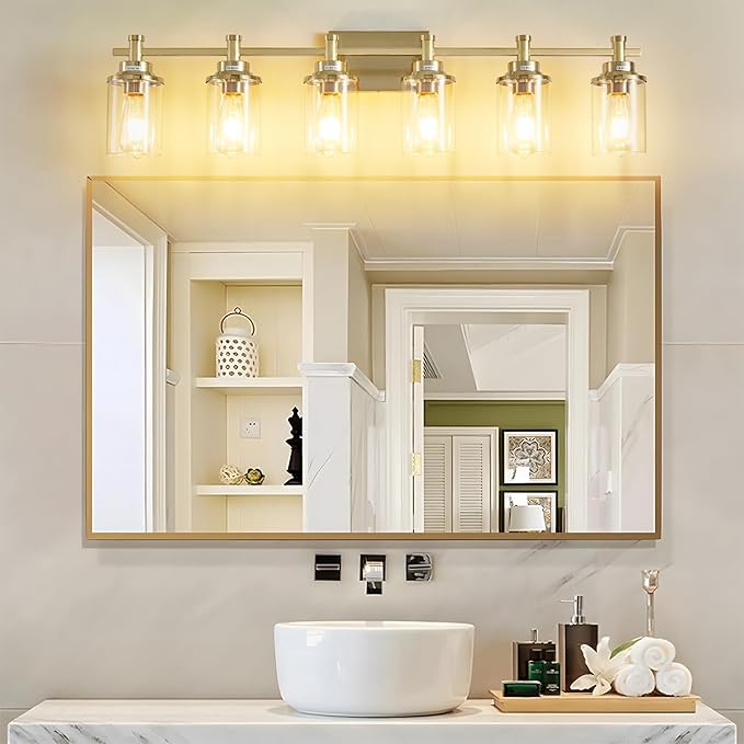 Brushed Brass Vanity Light, 6-Light Fixtures with Clear Glass Shades, Over Mirror, for Bathroom, Living Room, Hallway