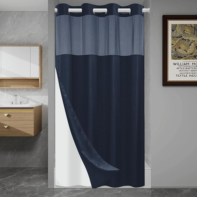 SORTTO No Hook Shower Curtain with Snap in Liner Set Waffle Shower Curtain for Bathroom Hotel Style Fabric Waterproof Inner Liner，54" W x 80" H, Navy Blue