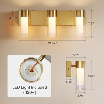 Tribesigns LED Bathroom Light Fixtures, 3-Light Vanity Lights Over Mirror, Wall Lights with 3 Color Modes & Gold Finish, Wall Sconces with Clear Glass Shades for Bathroom Hallway Bedroom