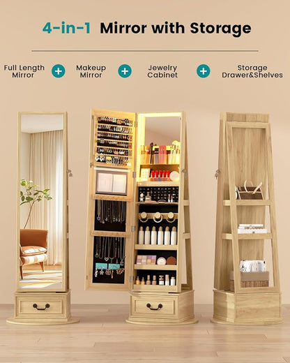 Vlsrka Mirror Jewelry Cabinet Standing with Lights, Lockable, Swivel, Wood | Standing Jewelry Armoire with Full Length Mirror, Large Jewelry Organizer Storage with Foldable Makeup Shelf, 3 LED Lights