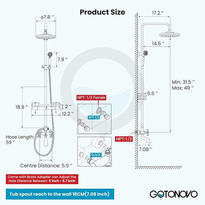 gotonovo Exposed Shower System with Shelf and Tub Spout,Brushed Nickel | Bathroom Shower Faucet Set with Shelf,8’’ Rain Head with Handheld Spray,2 Cross Handle,6’’ Hole Distance,Adjustable Height