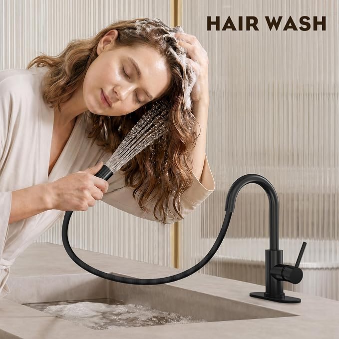Tall Bathroom Faucet with Pull Out Sprayer,Matte Black Single Handle Swivel Pull Down Faucet,Pop-Up Drain,1 or 3 Hole 2 Model RV Bar Laundry Utility Sink Faucet with Deck Plate, WE08CL-ZY-MB