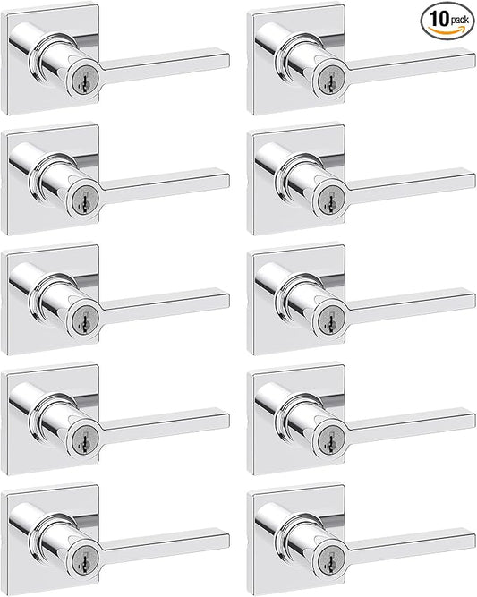 Kwikset Casey Entry Door Handle with Lock and Key, Secure Keyed Reversible Lever Exterior, for Front Entrance and Bedrooms, Polished Chrome, 10 Pack, Pick Resistant SmartKey Rekey Security