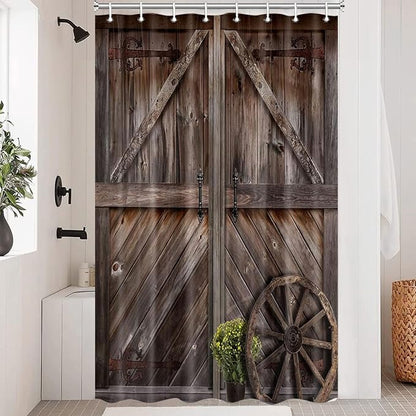 Rustic Barn Door Shower Curtains, Western Vintage Farmhouse Wood Board Shower Curtain Sets for Bathroom Decor, Brown Wooden Country Bath Curtain with Hooks, 54X70IN