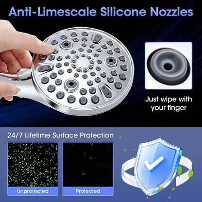 Shower Head with Handheld, High Pressure 10 Spray Modes, Chrome | Built-in Pause Function, Power Wash Mode, Anti-Clog Nozzles, 71 Inch Stainless Steel Hose, Adjustable Overhead Bracket