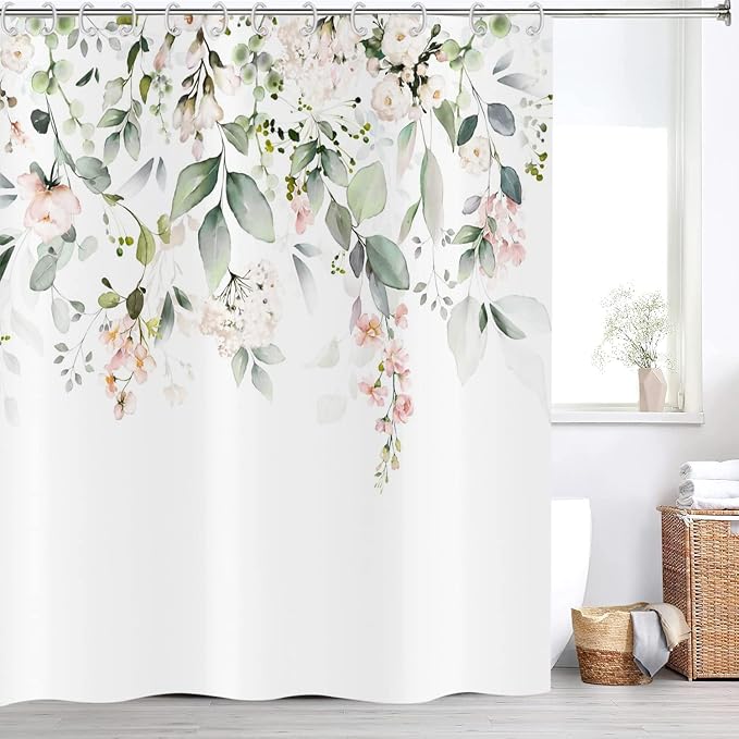 Spring Eucalyptus Shower Curtain, Sage Green Leaves Botanical Plants with Pink Flowers on The Top Fabric Bathroom Curtain Home Decor Waterproof Washable 12 Hooks 72.00'' x 72.00'' (GCI-9918)