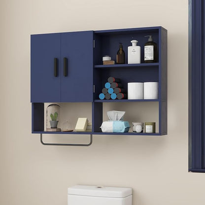 Bathroom Wall Cabinet with Towel Bar & 2 Doors, Blue | Wall mounted cabinet for bathroom, over the toilet storage with multiple compartments organize toiletries, cosmetics