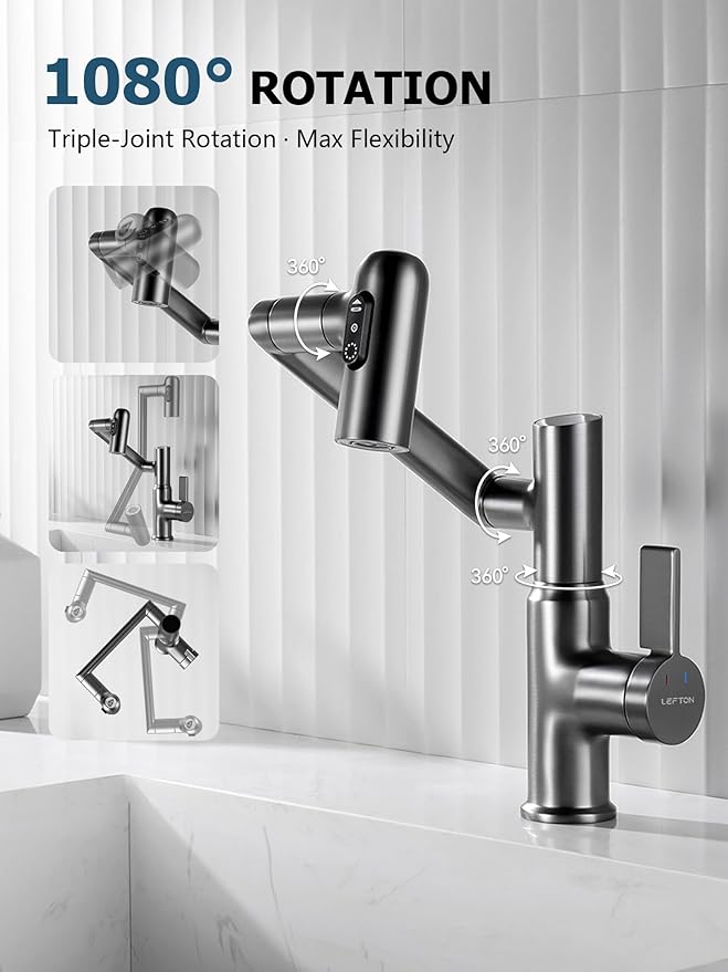 Lefton Rotatable Bathroom Faucet with Temperature Display in Fahrenheit (Batteries-Free), 3 Water Modes, Dark Grey, BF2204-2