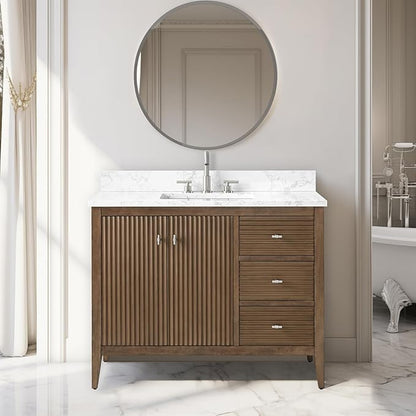 Vanity Art 42 inch Walnut Bathroom Vanity with Single Sink & Ceramic Top, Vanity Cabinet with Soft-Closing Door, Solid Wood Frame, Linear Pattern, Walnut, VA9142-Walnut-MB,Matte Black Handles