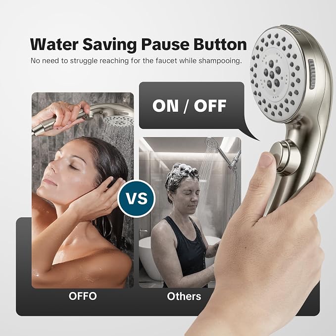 OFFO Shower Head with Handheld, 5 Mode Handheld Shower Head with On Off Switch for Water Saving, High Flow Powerful Boosting Showerheads with 60" Stainless Steel Hose & Holder, Brushed Nickel
