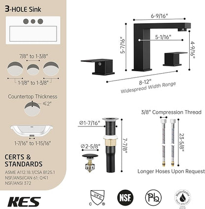KES All Metal Black Bathroom Faucets with Pop Up Drain NO Overflow, 8 Inch Square Widespread Bathroom Sink Faucet 3 Hole, Vanity Faucet SUS 304 Stainless Steel Matte Black, L4350LFF12-BK-C2
