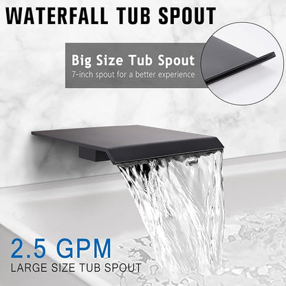 10 Inch Rainfall Shower System with Tub Spout Wall Mounted Complete Combo with Solid Brass Pressure Balancing Valve, High Pressure Shower Head, Handle Set & Installation Accessories Matte Black