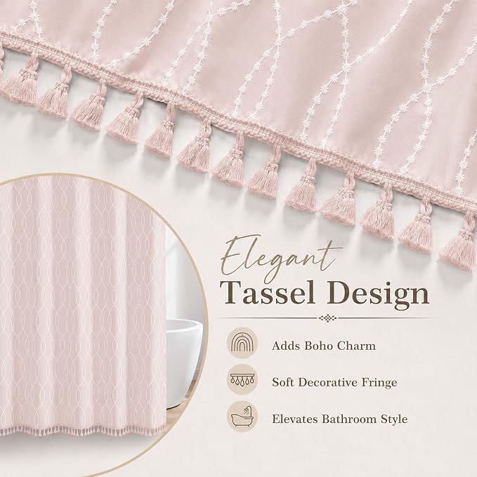 OVZME Pink Shower Curtain for Bathroom, Puff Printed Textured Shower Curtain with Tassels, Rustic Geometry Heavy Duty Vintage Country Bathroom Curtain, Water Resistant Fabric, 72Wx72L Inches