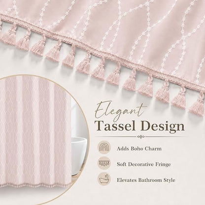 OVZME Pink Shower Curtain for Bathroom, Puff Printed Textured Shower Curtain with Tassels, Rustic Geometry Heavy Duty Vintage Country Bathroom Curtain, Water Resistant Fabric, 72Wx72L Inches