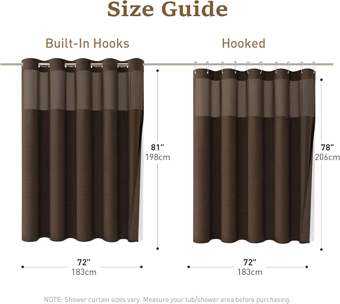 72x81 Ringless Linen Textured Shower Curtain with Snap in Liner, Brown | Tall Size, 3 in 1 Shower Curtain Set, Removable Liner, Waterproof & Washable, Mesh Top Window, Durable Fabric, Easy Setup