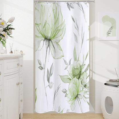 Sage Green Boho Floral Shower Curtain, Watercolor Botanical Design, 36 x 72 | Boho Floral Design, Watercolor Ink Painting Style, Botanical Flowers & Leaves, Elegant Bathroom Accent, Fabric Cloth Curtain