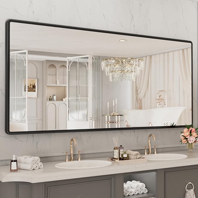 pertetey 77 x 36 in Rounded Rectangle Bathroom Mirror | Black Metal Frame, Tempered Glass, Wall Mounted