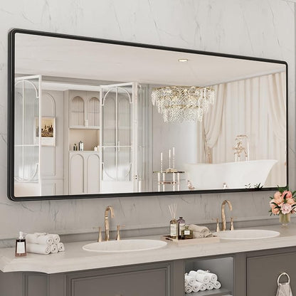 pertetey 77 x 36 in Rounded Rectangle Bathroom Mirror | Black Metal Frame, Tempered Glass, Wall Mounted