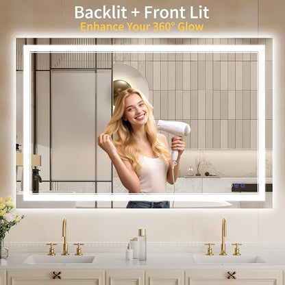 36"x50" LED Bathroom Mirror with Lights, Anti-Fog, Backlit + Front Lit, Dimmable, 3 Colors, Shatter-Proof Tempered Glass