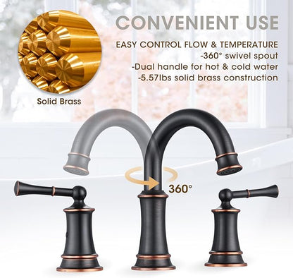 Rustic Oil Rubbed Bronze Bathroom Faucet, 360° Rotatable Spout, 2 Handles, 3 Hole Widespread, Pop Up Drain & Supply Lines Included, Antique Style (L2304-ORB)