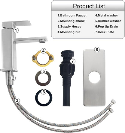 Jlorilaisa Brushed Nickel Bathroom Faucet Single Hole with Pop-Up Drain | Single Handle Bathroom Sink Faucet with Deck Plate, Suitable for RV, Farmhouse, Vanity Sinks, 1 or 3 Hole Installation