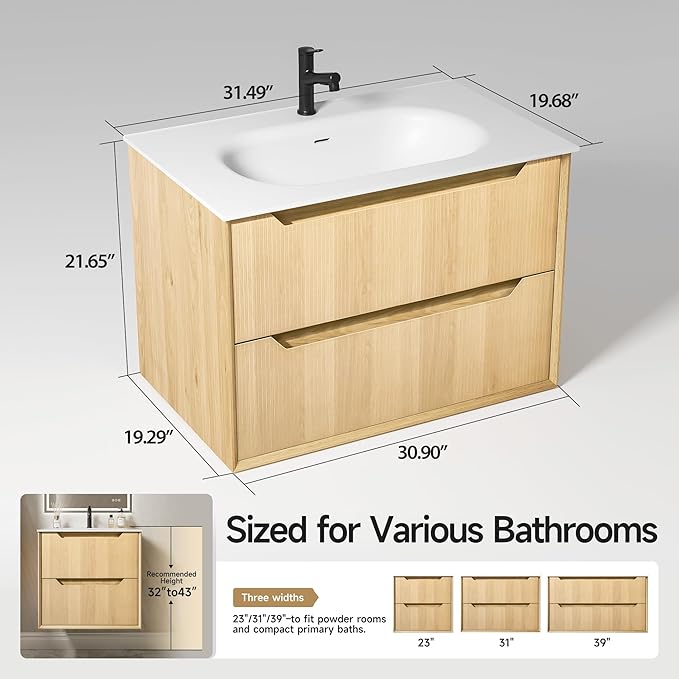 32" Japandi Floating Bathroom Vanity with Sink, Pre-Assembled Natural Oak Multi-Layer Solid Wood Bathroom Sink Vanity, Wall Mounted with Integrated Stone Top and 2 Soft Close Drawers