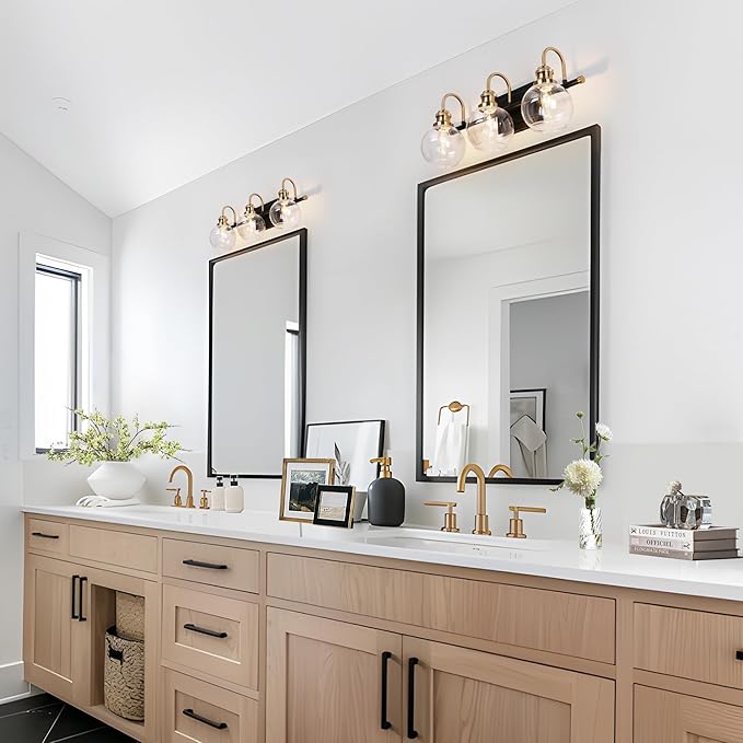 KSANA Black Gold Vanity Light, Modern 3-Light Bathroom Light Fixture with Clear Glass Globes, Electroplating Brass 22”L Vanity Lighting Over Mirror