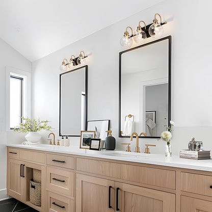KSANA Black Gold Vanity Light, Modern 3-Light Bathroom Light Fixture with Clear Glass Globes, Electroplating Brass 22”L Vanity Lighting Over Mirror