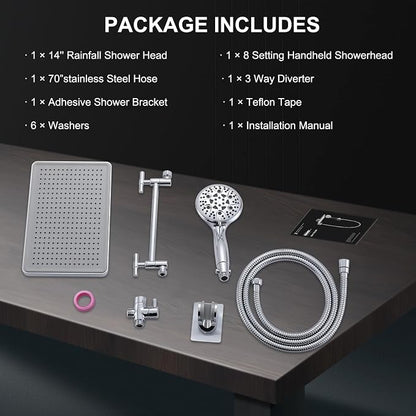 Rain Shower Head Combo-14''Rainfall ShowerHead,8 Modes Handheld with ON/OFF Pause Switch, Double High Pressure Shower heads with Hose,Adjustable and detachable for Couple and Kids