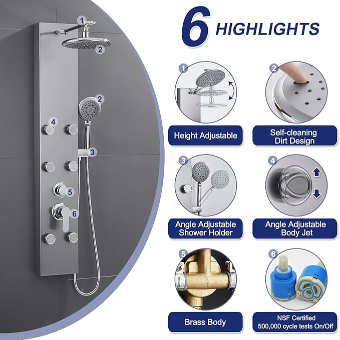 ROVATE Shower Panel Tower System 304 Stainless Steel, Shower Panel System with Adjustable Rainfall Shower Head, 6 Body Massage Jets and 5 Functions Handheld, Brushed Surface