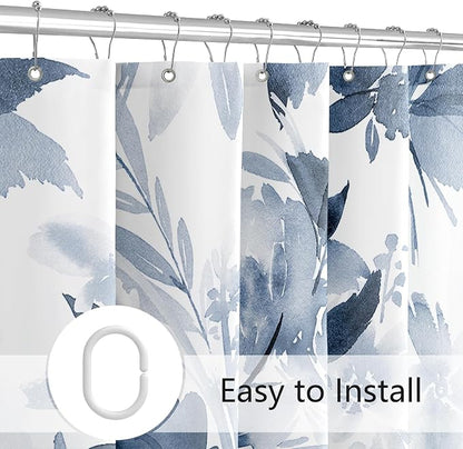 Small Stall Shower Curtain 36x72 Inch Half Narrow Watercolor Floral Decor | Navy Blue Modern Abstract Flower Dorm Bathroom Shower Curtain Set with Hooks