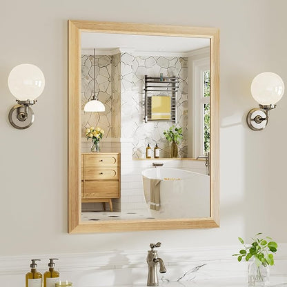 28x36 Inch Bathroom Mirror for Wall, Anti-Rust Oak Wood Grain Metal Framed Bathroom Mirrors for Over Sink,Rectangler Mirrors for Bathroom Vanity, Farmhouse, Bedroom, Living Room, Entryway Decor