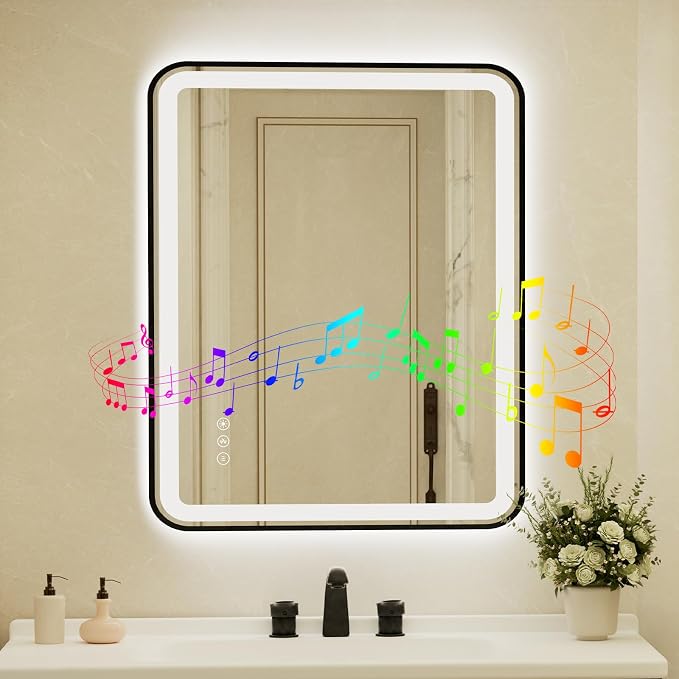 28x40 Inch Black Framed LED Bathroom Mirror with Lights, Built-in Bluetooth Speaker,Tempered Glass,Dimmable Lighted Bathroom Vanity Mirror with 3 Colors, Backlit + Frontlit, Memory, Anti-Fog